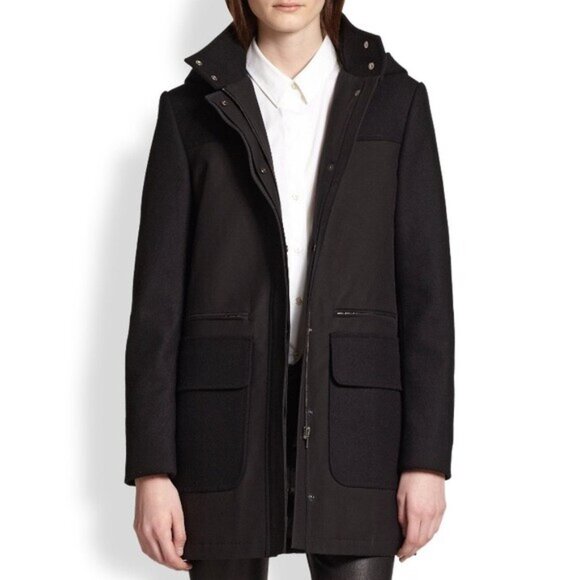 Theory Women's Black Makintosh Alanso Hooded Coat  - Size Large - Picture 1 of 8
